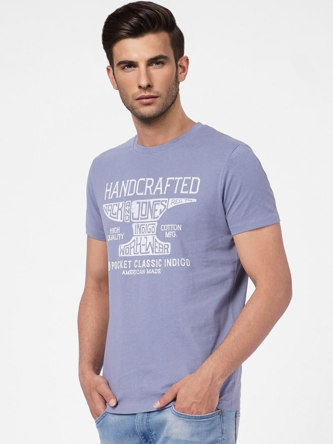 Faded Blue Graphic Print Crew Neck T-shirt