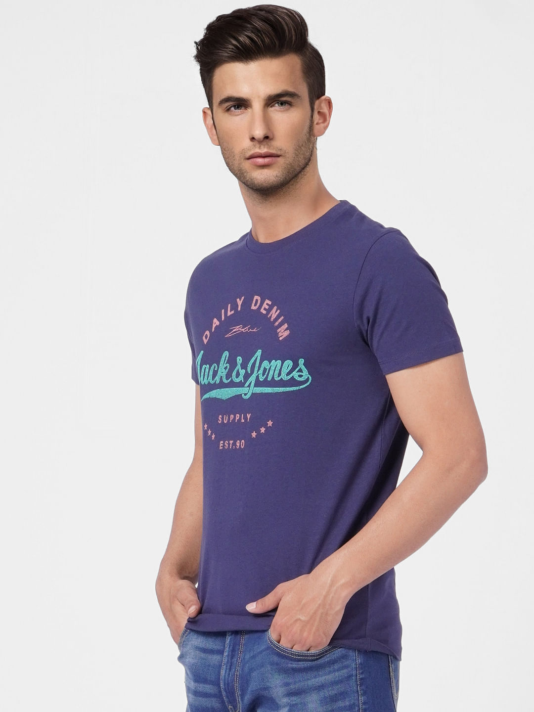Dark Blue Logo Print Crew Neck T-shirt