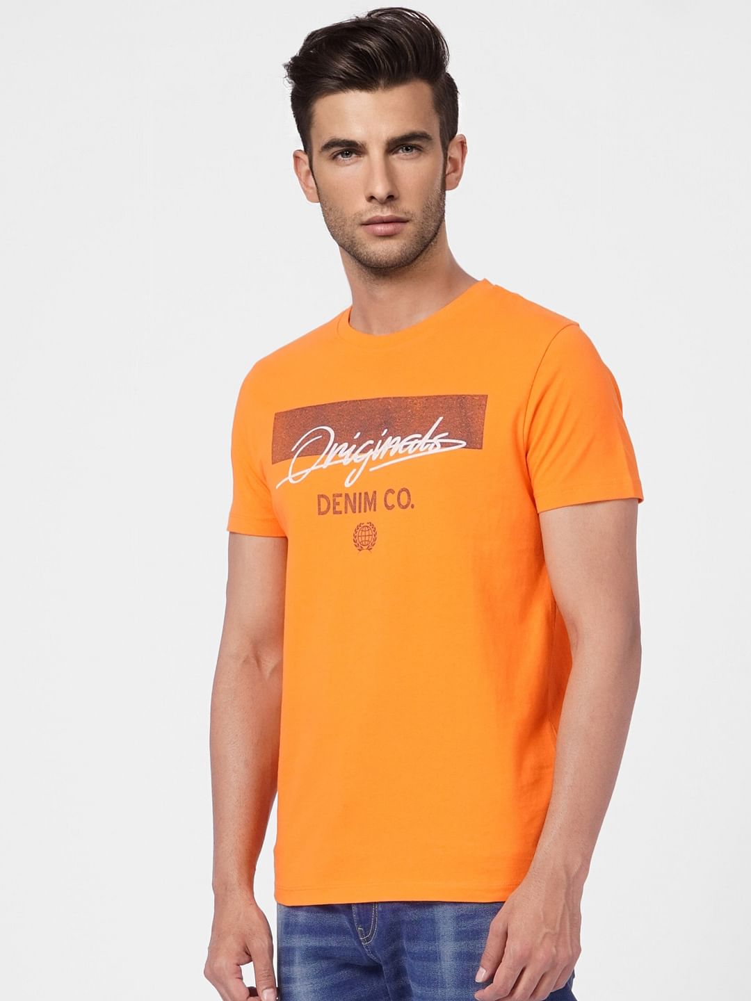 Orange Logo Print Crew Neck T-shirt