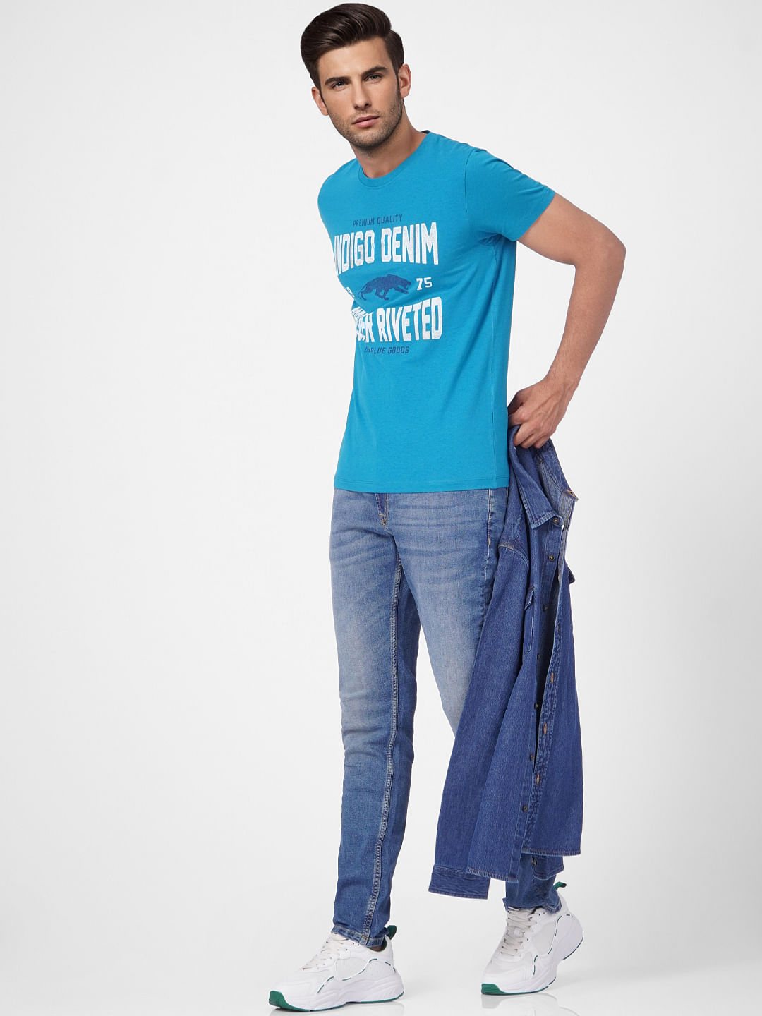 Blue Graphic Print Crew Neck T-shirt - S