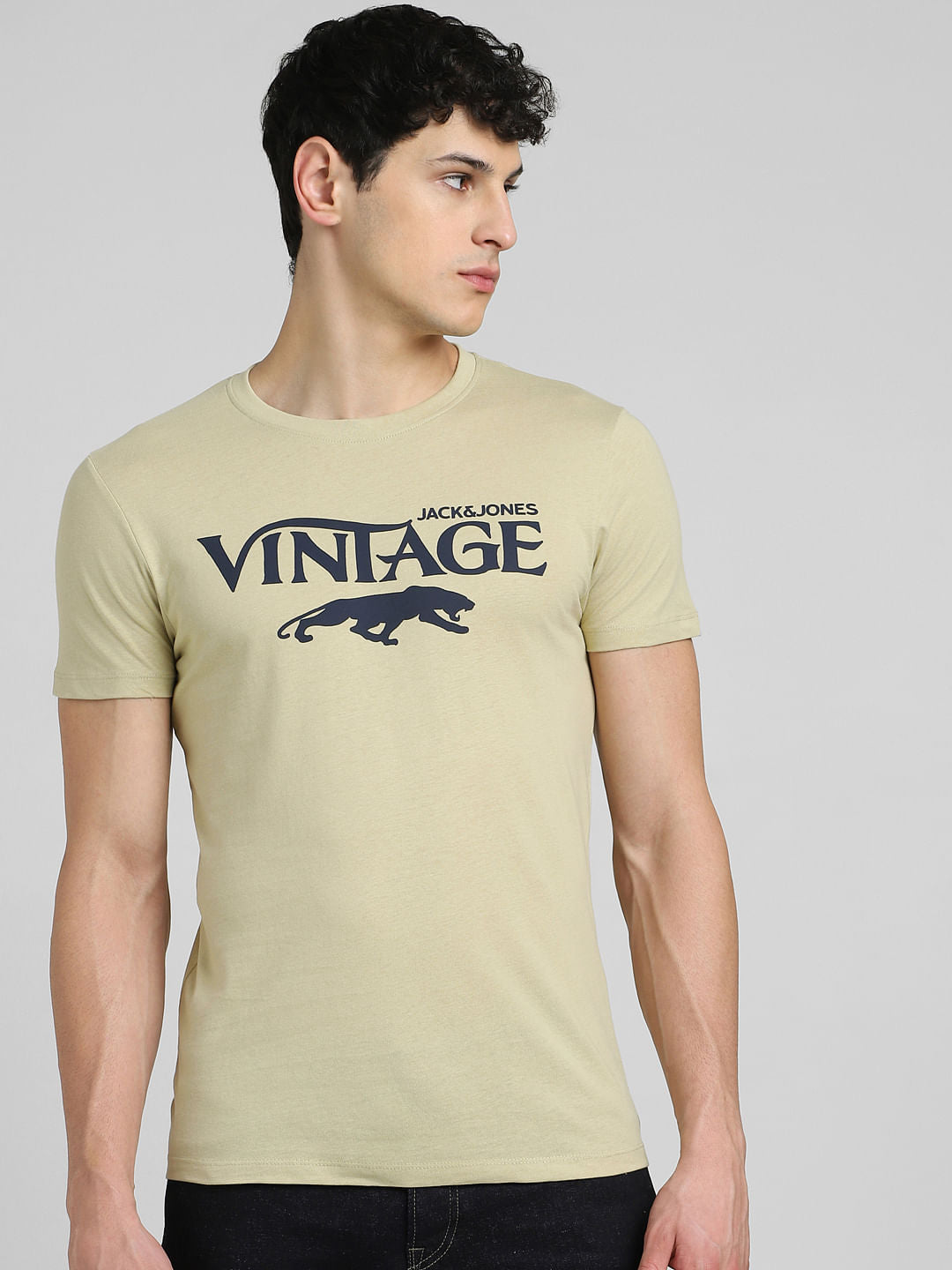 Beige Graphic Print Crew Neck T-shirt