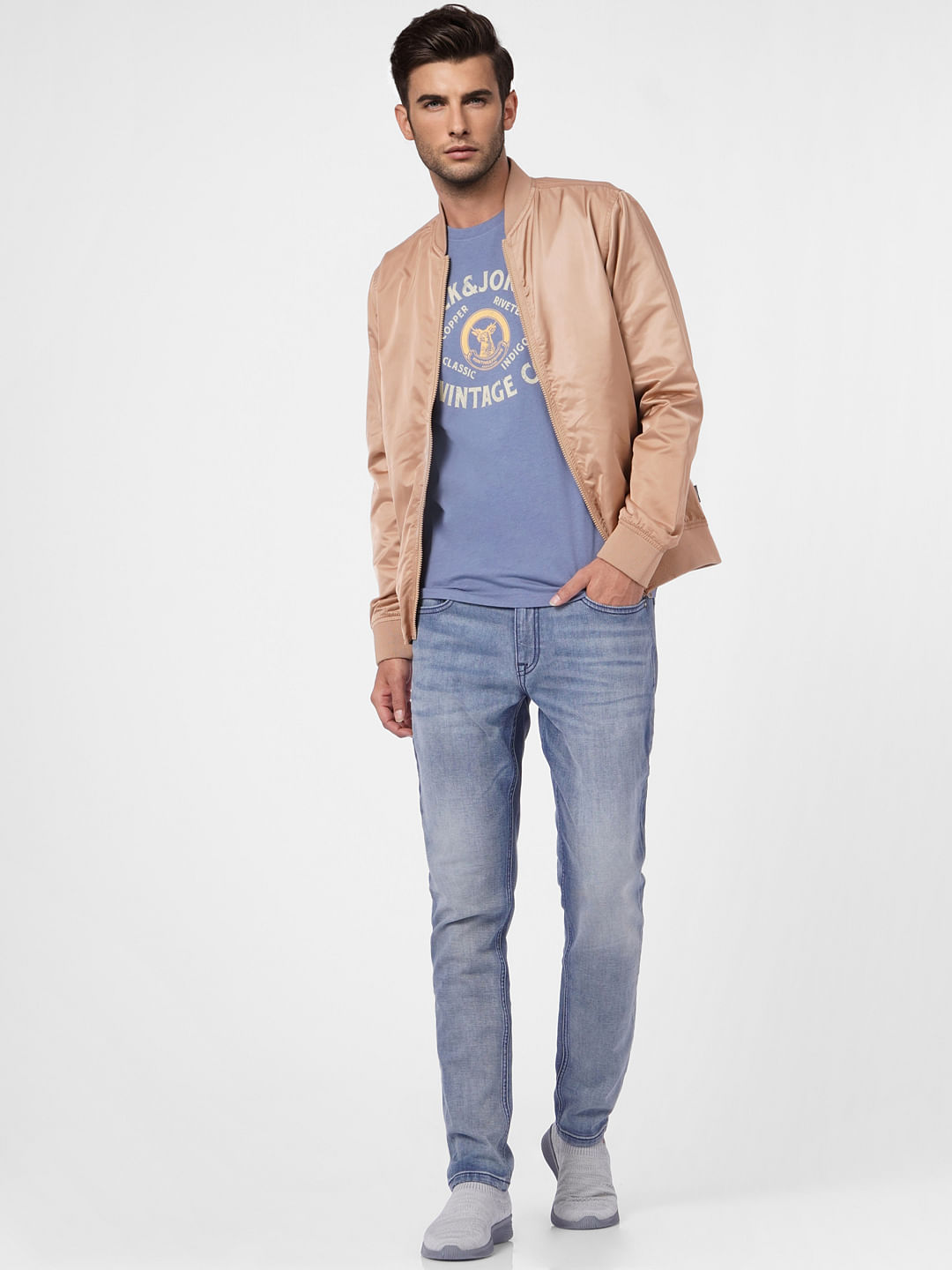 Faded Blue Graphic Print Crew Neck T-shirt - S