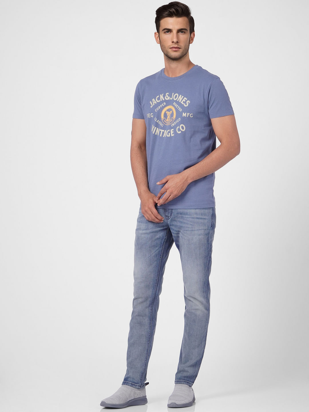 Faded Blue Graphic Print Crew Neck T-shirt