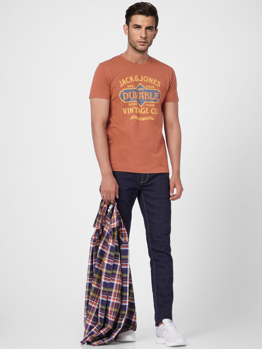 Faded Orange Graphic Print Crew Neck T-shirt - S