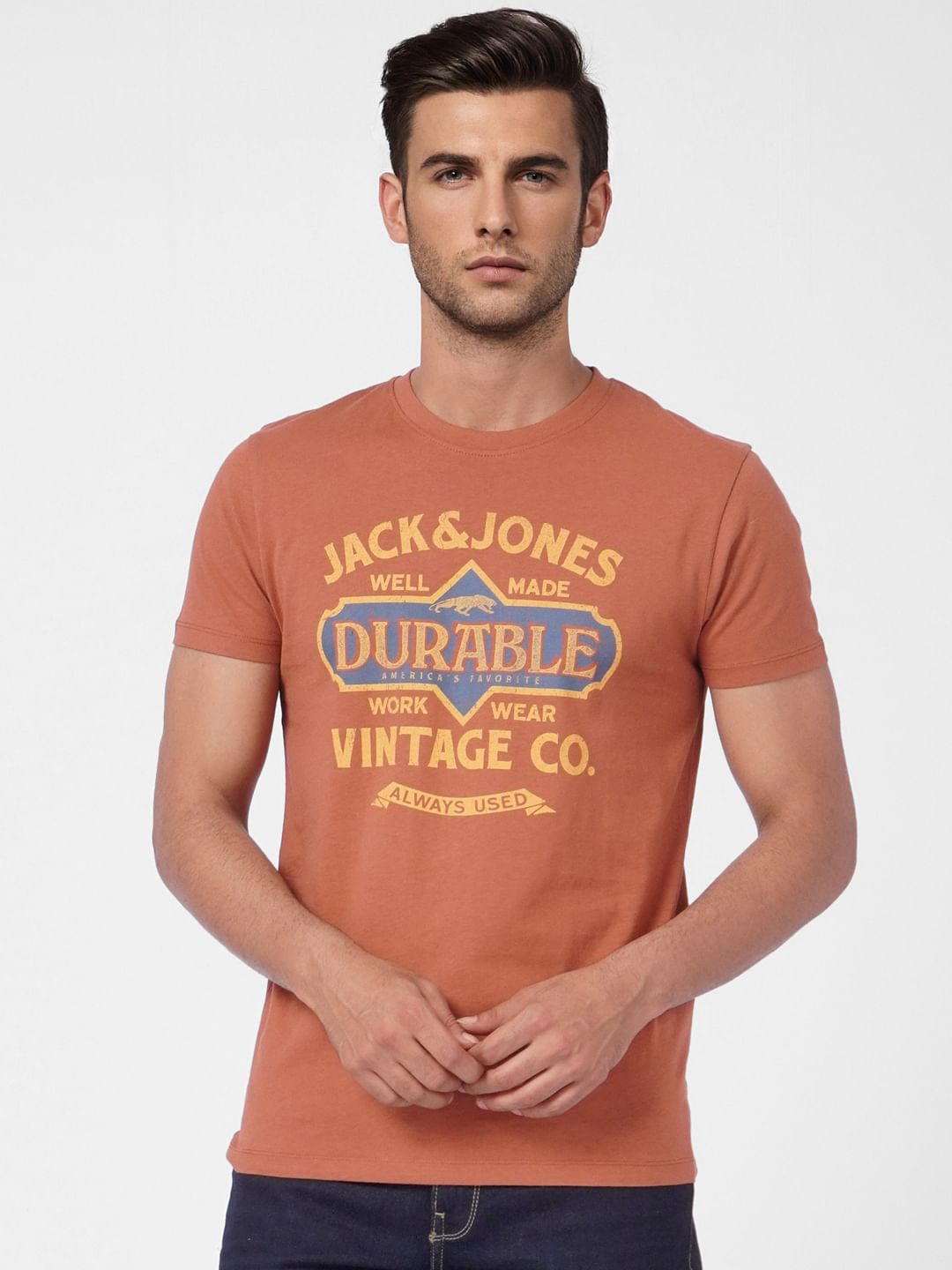 Faded Orange Graphic Print Crew Neck T-shirt