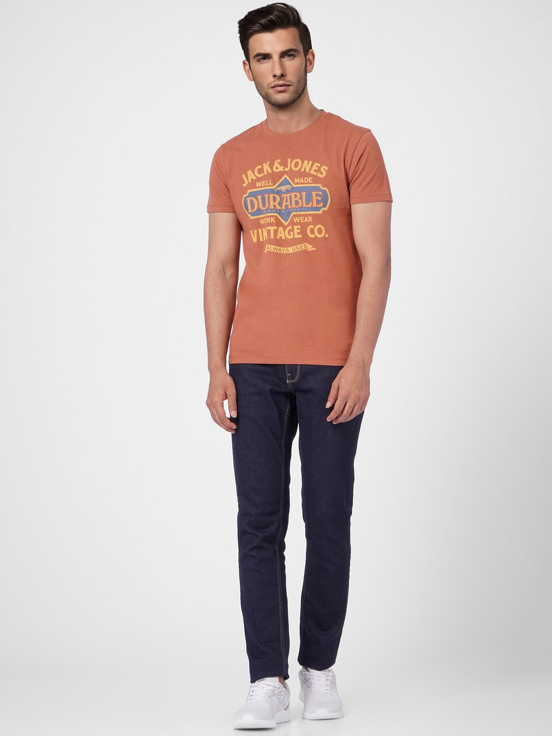Faded Orange Graphic Print Crew Neck T-shirt