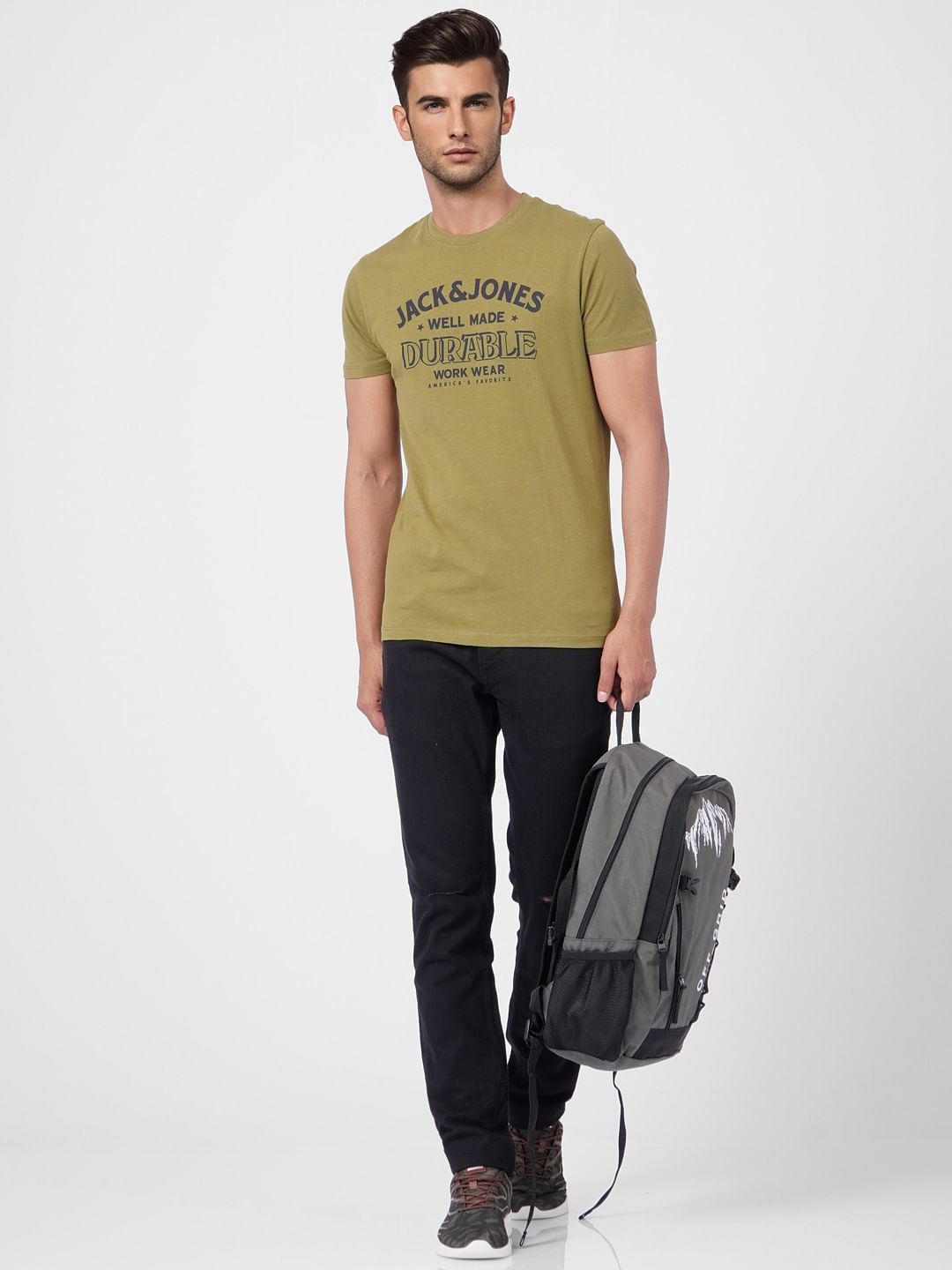 Olive Green Graphic Print Crew Neck T-shirt - S
