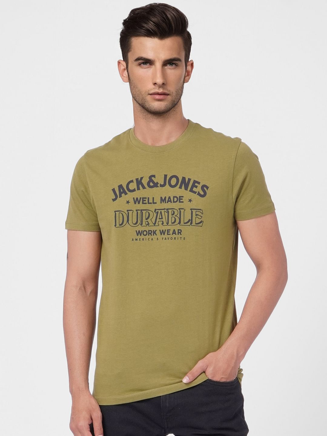 Olive Green Graphic Print Crew Neck T-shirt
