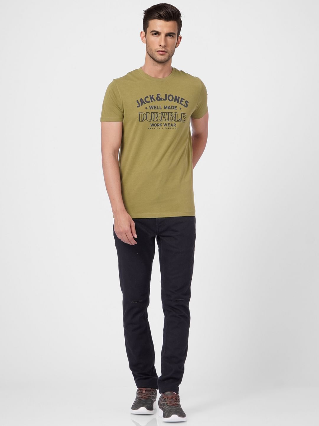 Olive Green Graphic Print Crew Neck T-shirt