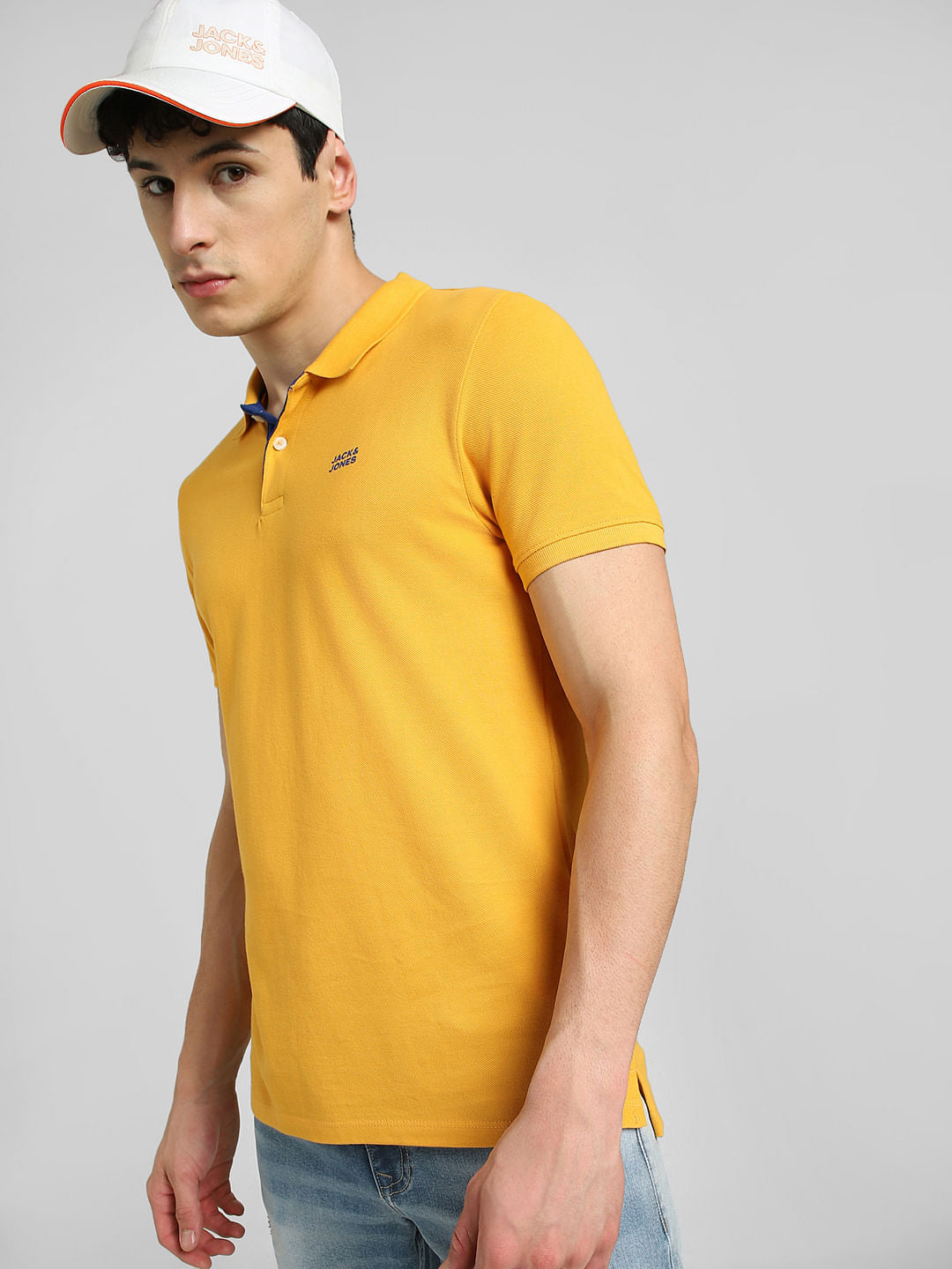 Yellow Logo Print Polo Neck T-shirt - S