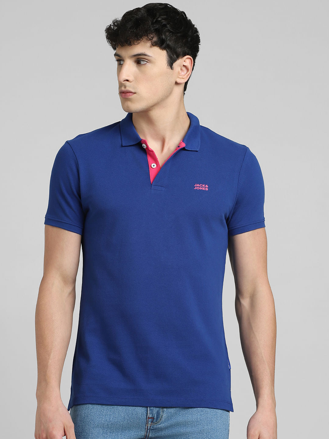 Blue Logo Print Polo Neck T-shirt