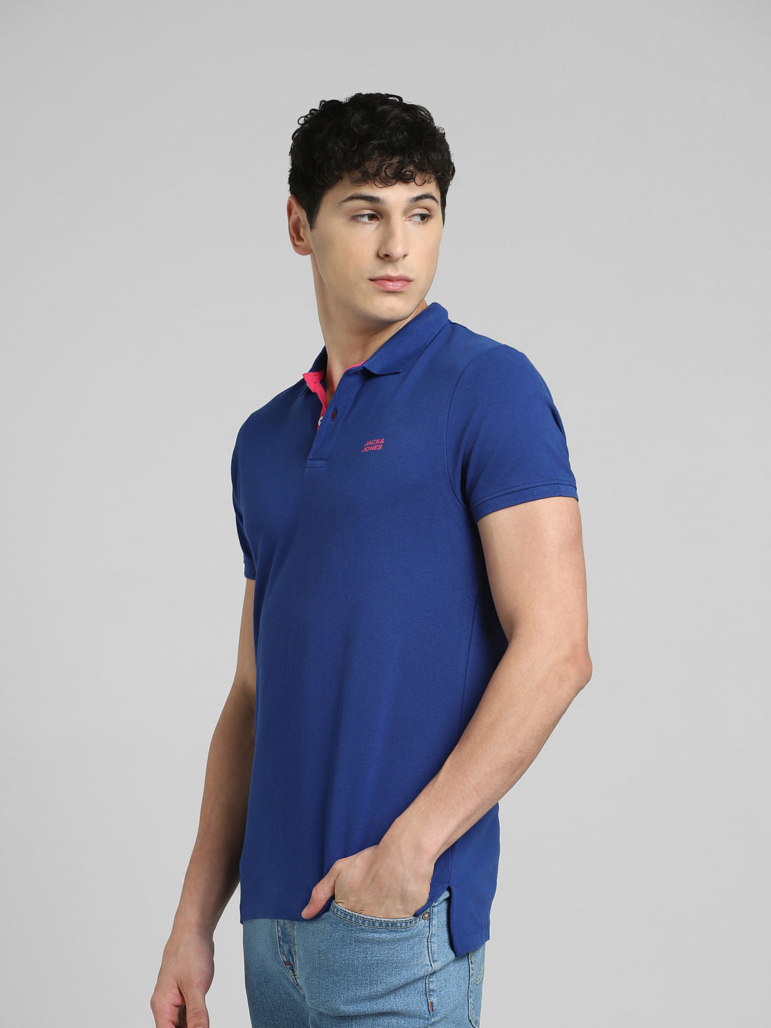 Blue Logo Print Polo Neck T-shirt
