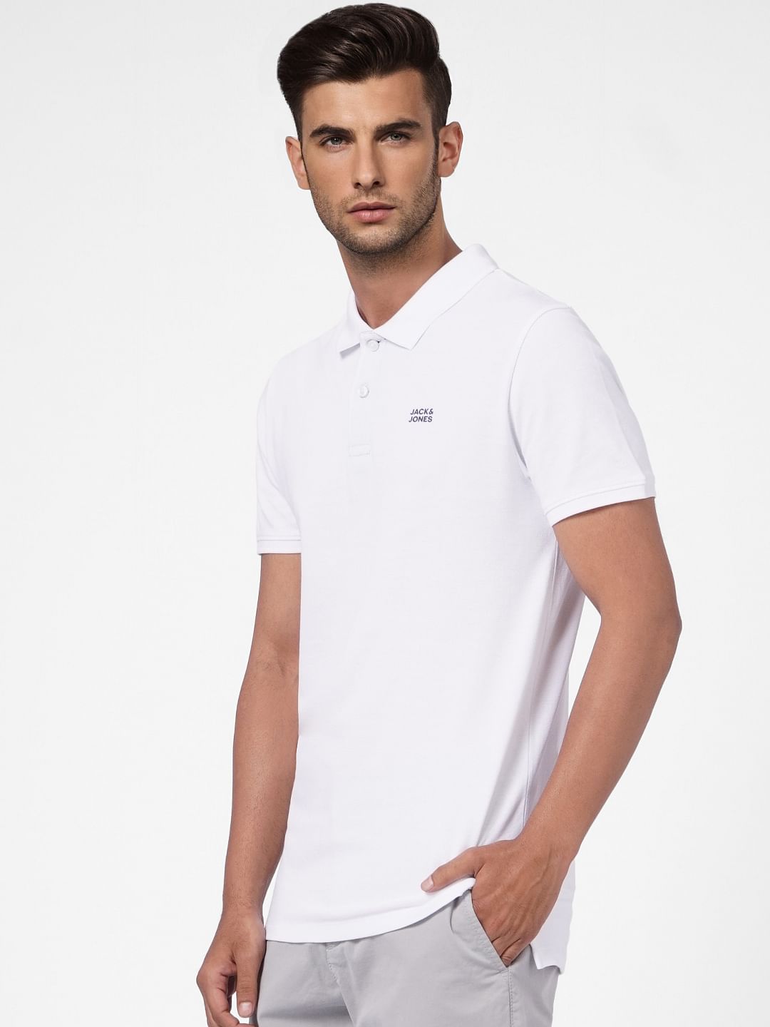 White Logo Print Polo Neck T-shirt