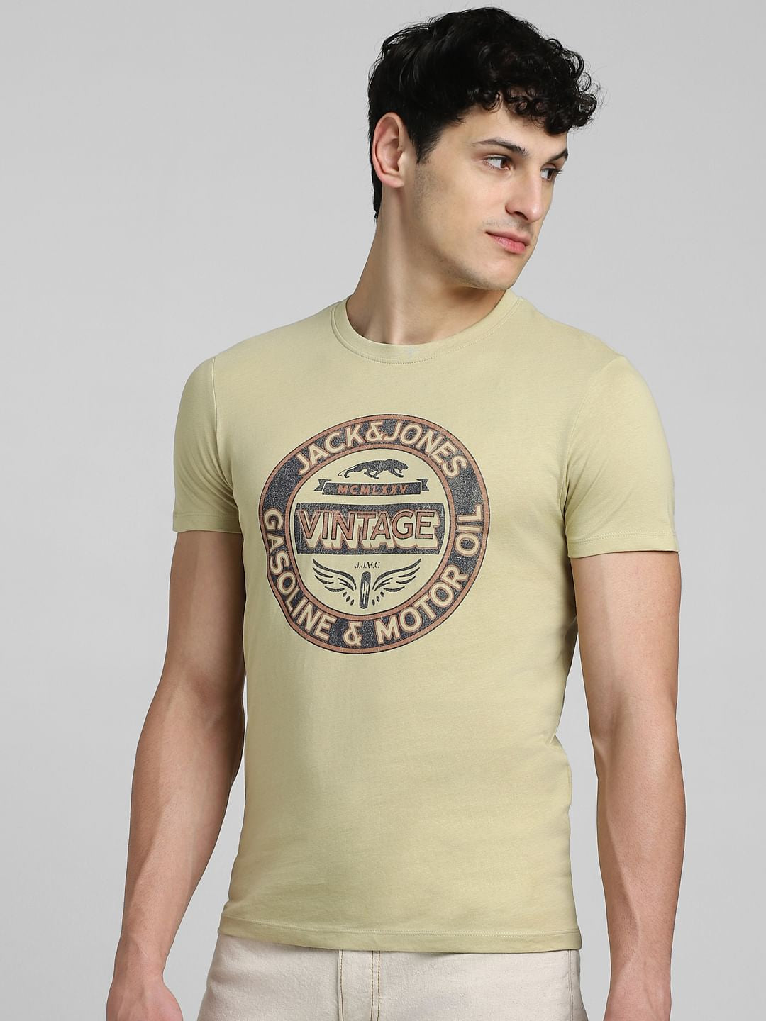 Light Beige Graphic Print Crew Neck T-shirt