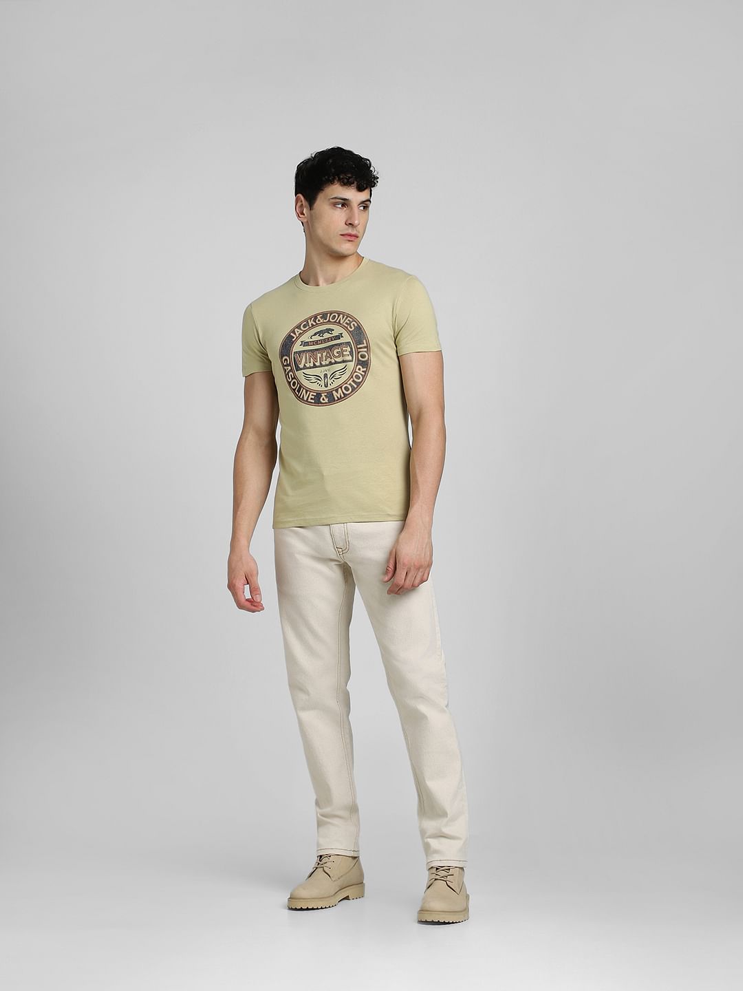 Light Beige Graphic Print Crew Neck T-shirt
