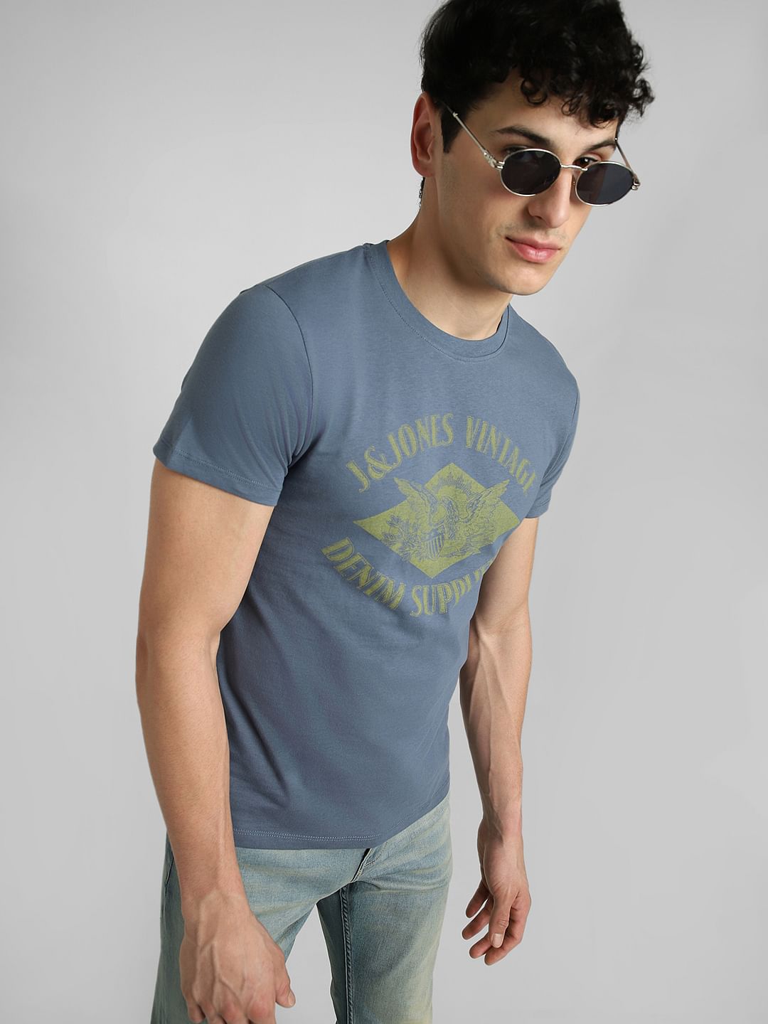 Blue Graphic Print Crew Neck T-shirt - S