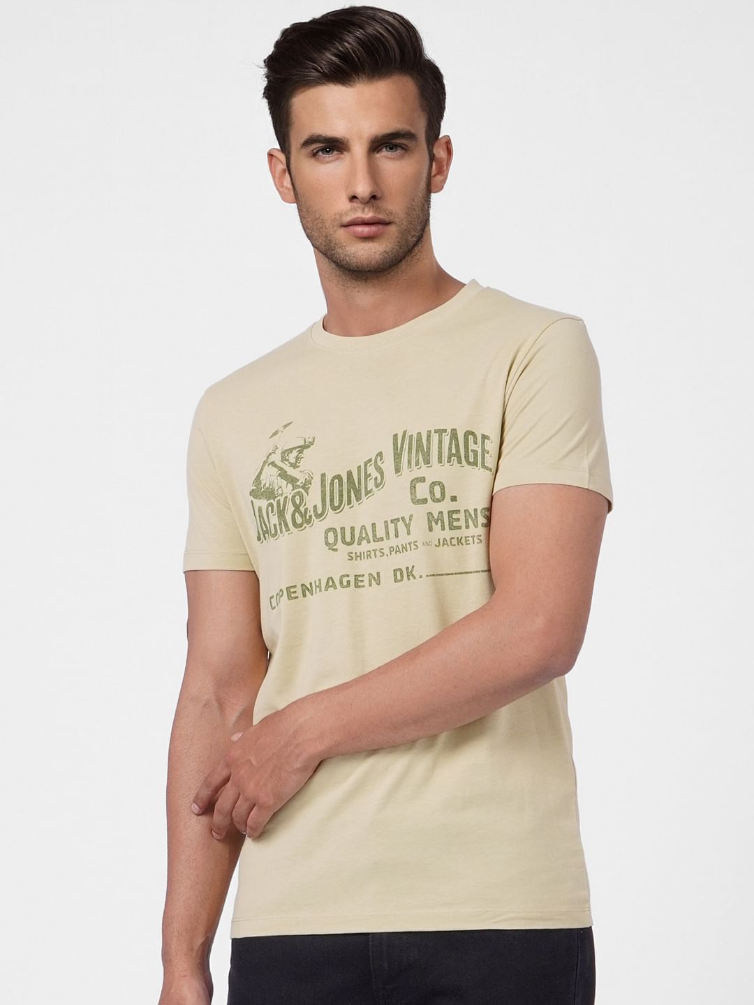 Beige Logo Print Crew Neck T-shirt