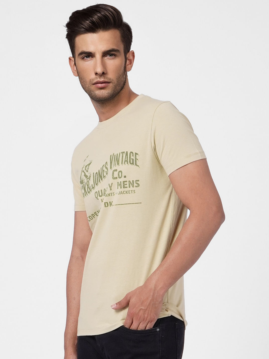 Beige Logo Print Crew Neck T-shirt