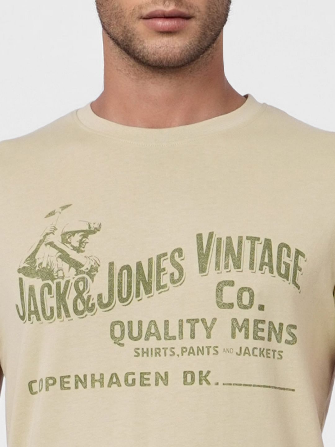 Beige Logo Print Crew Neck T-shirt