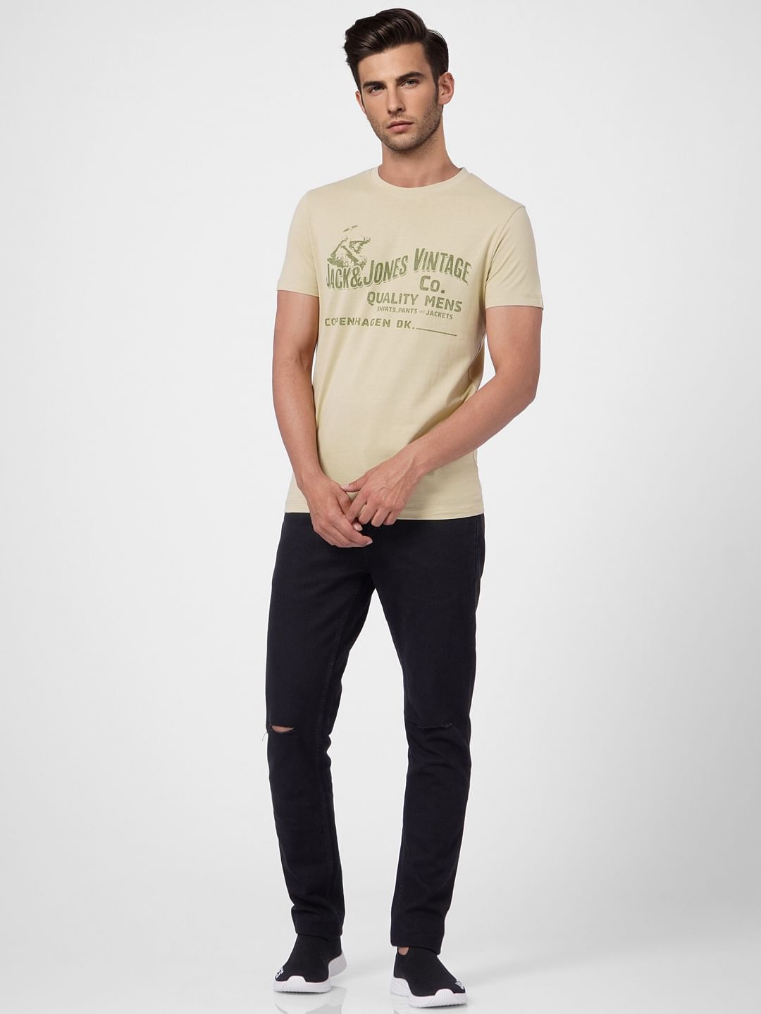 Beige Logo Print Crew Neck T-shirt
