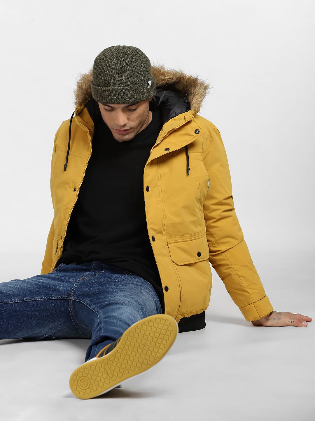 Yellow Fur Hood Casual Jacket - S