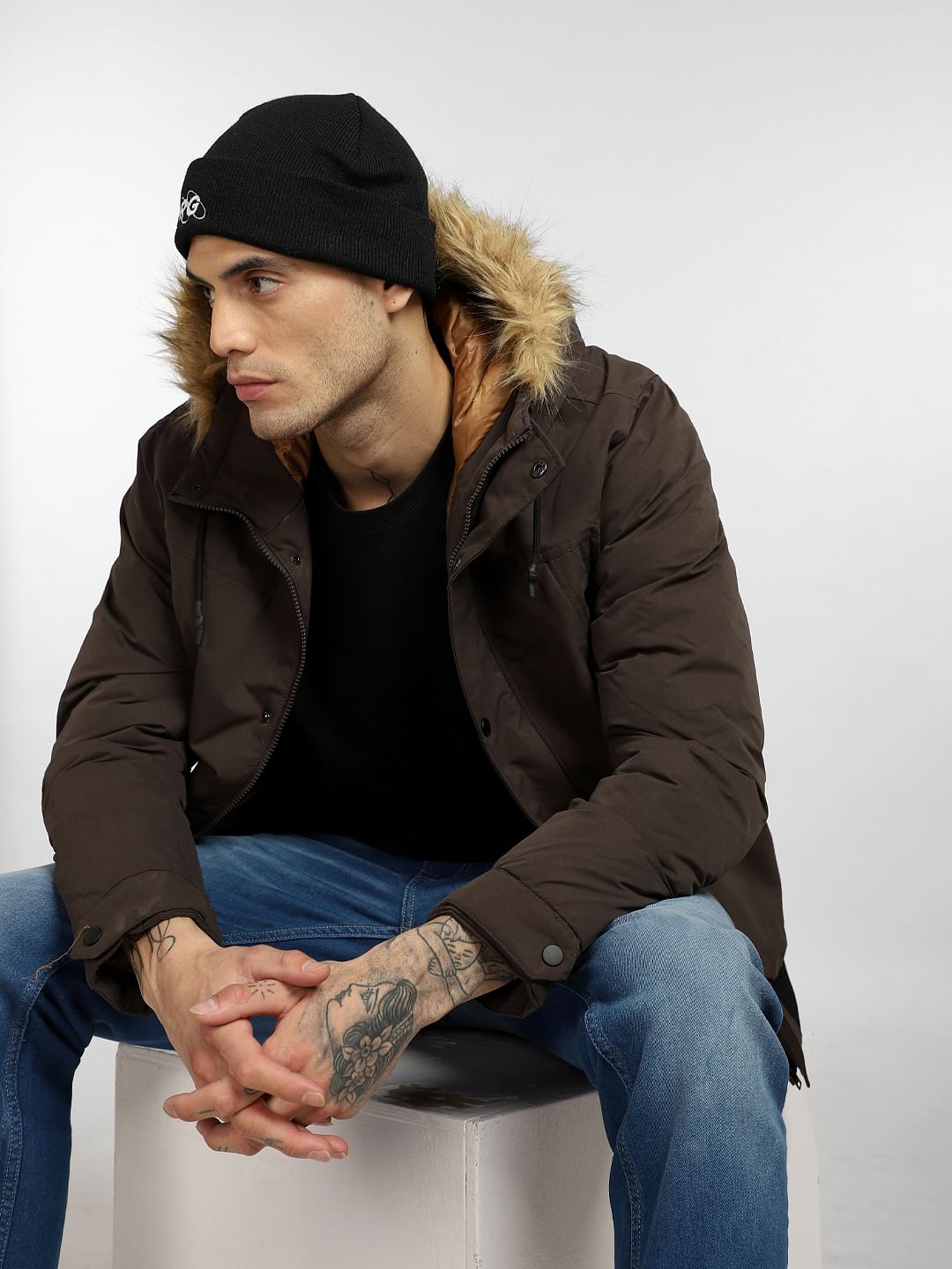 Dark Brown Fur Hood Casual Jacket - S