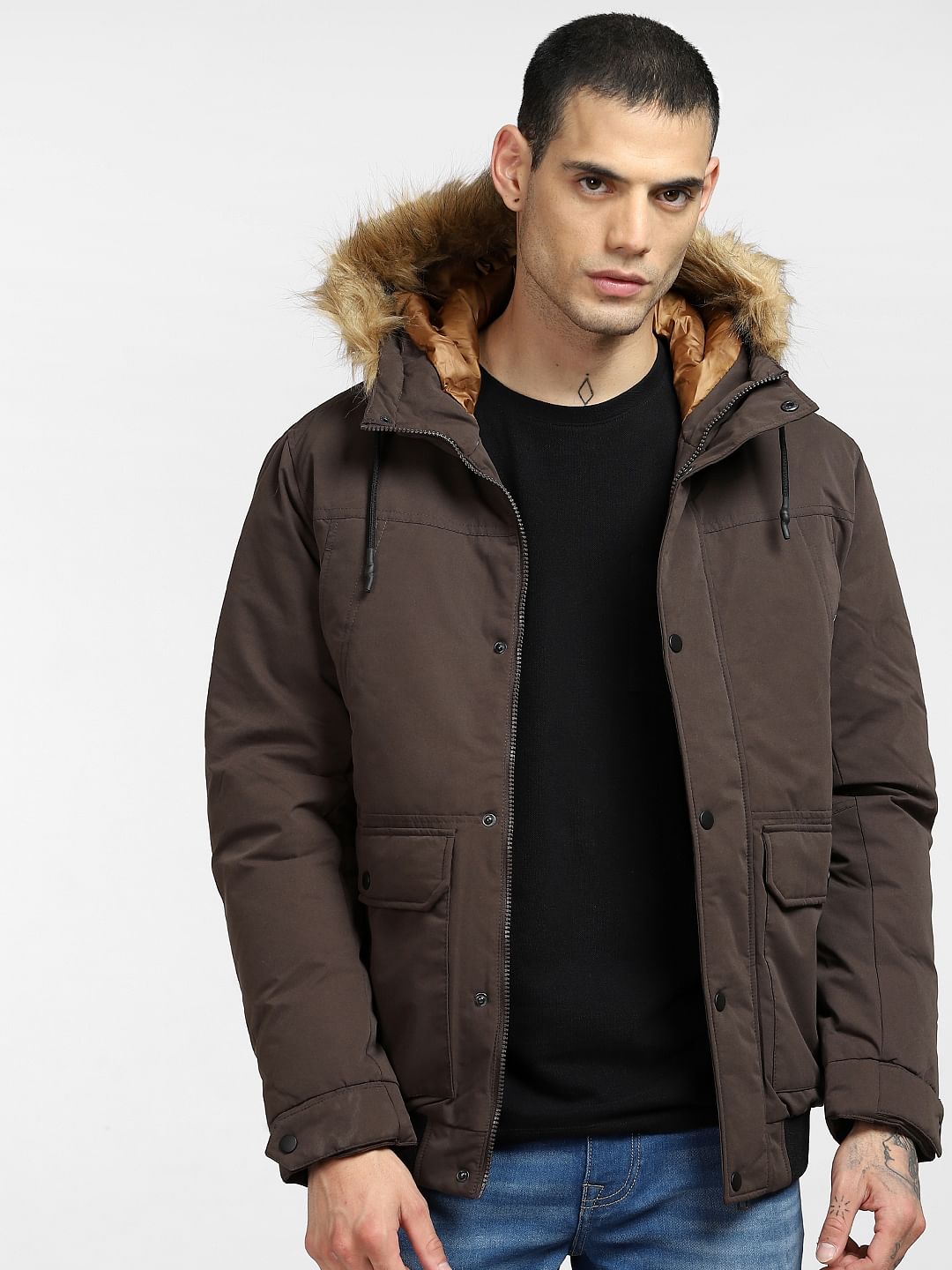 Dark Brown Fur Hood Casual Jacket