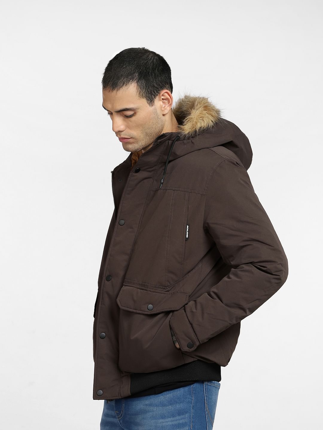 Dark Brown Fur Hood Casual Jacket