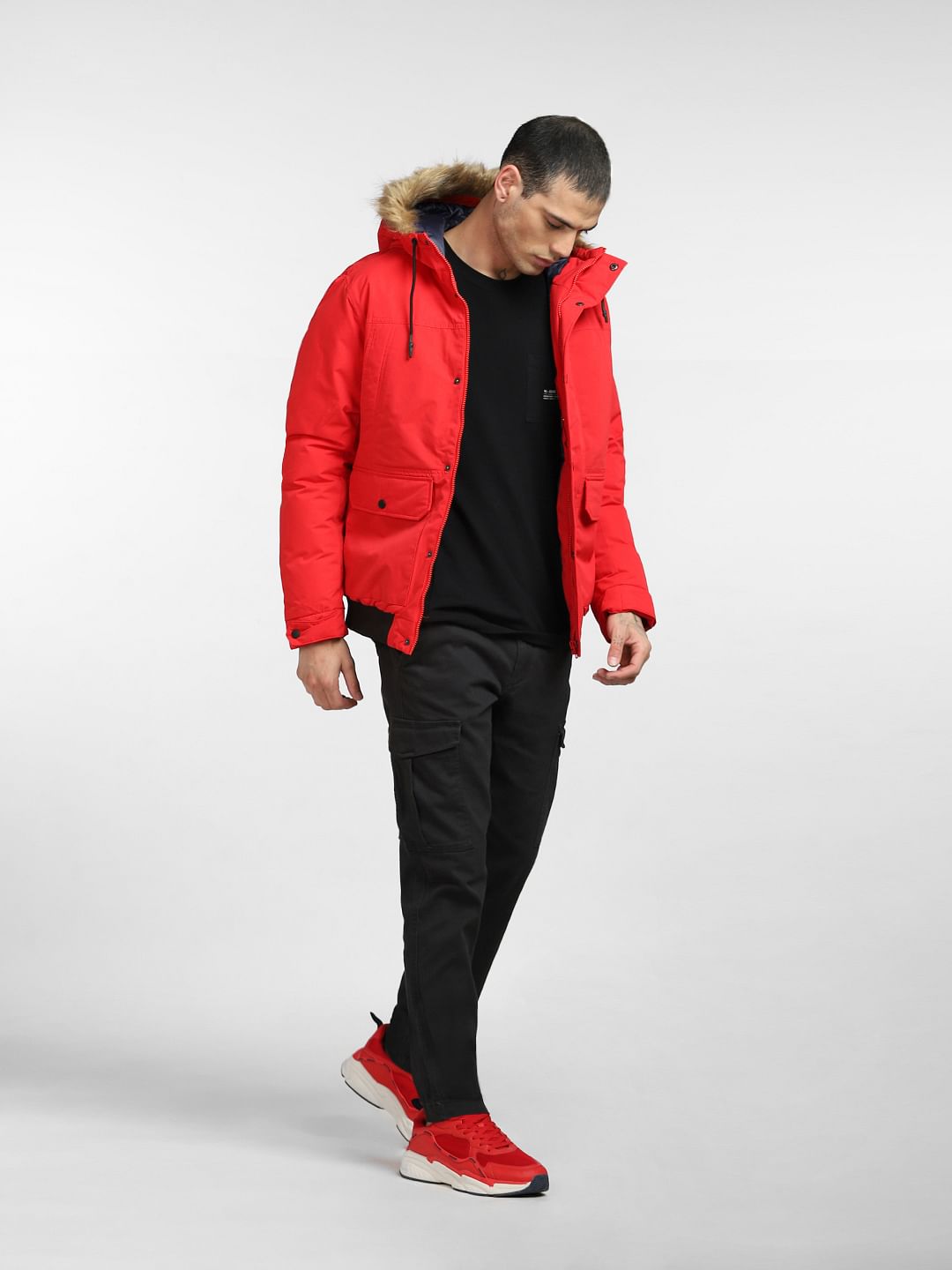 Red Fur Hood Casual Jacket