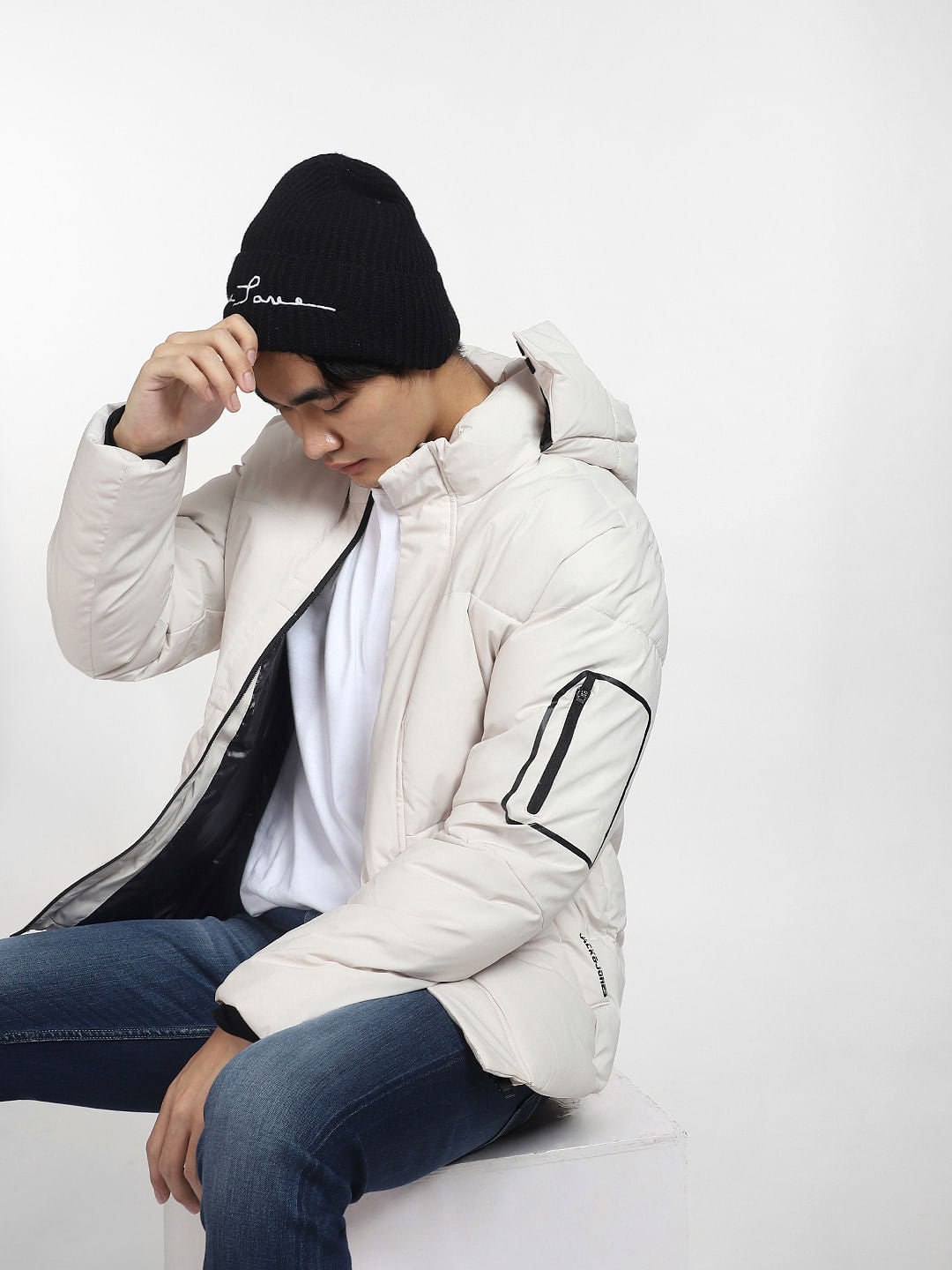 Light Grey Hooded Puffer Jacket - S
