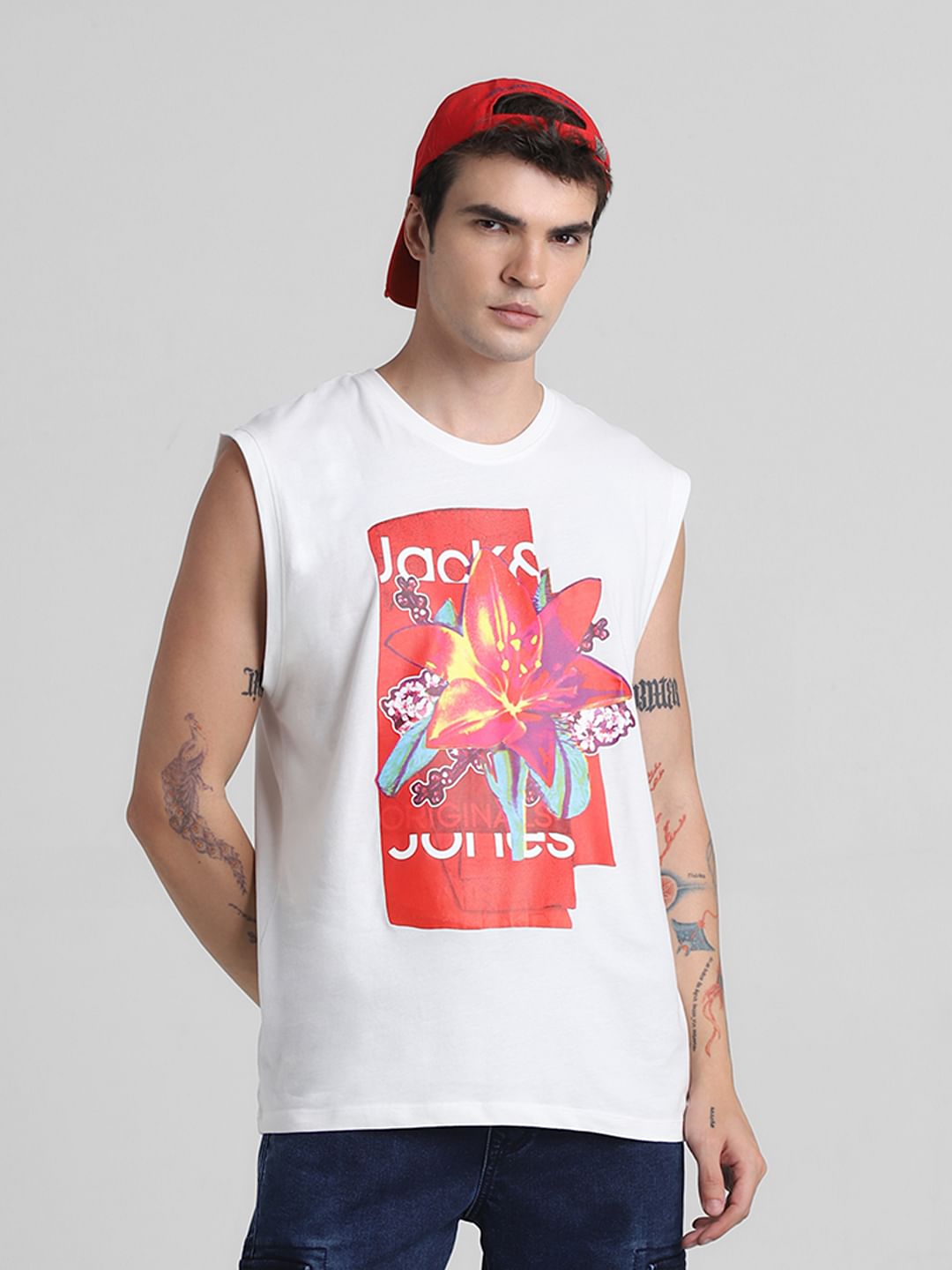White Printed Sleeveless T-shirt - XL