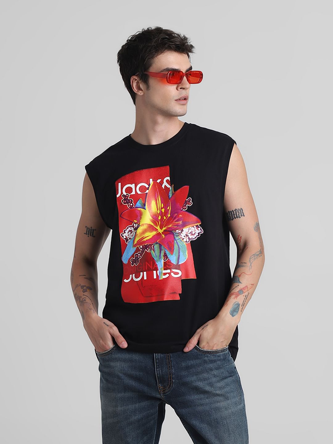 Black Printed Sleeveless T-shirt - S