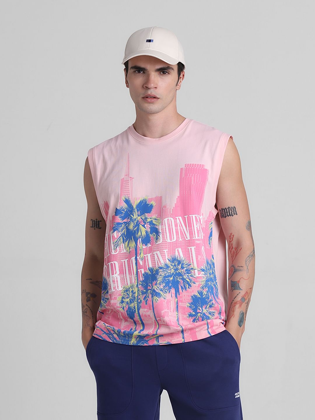 Pink Tropical Print Sleeveless T-shirt - S