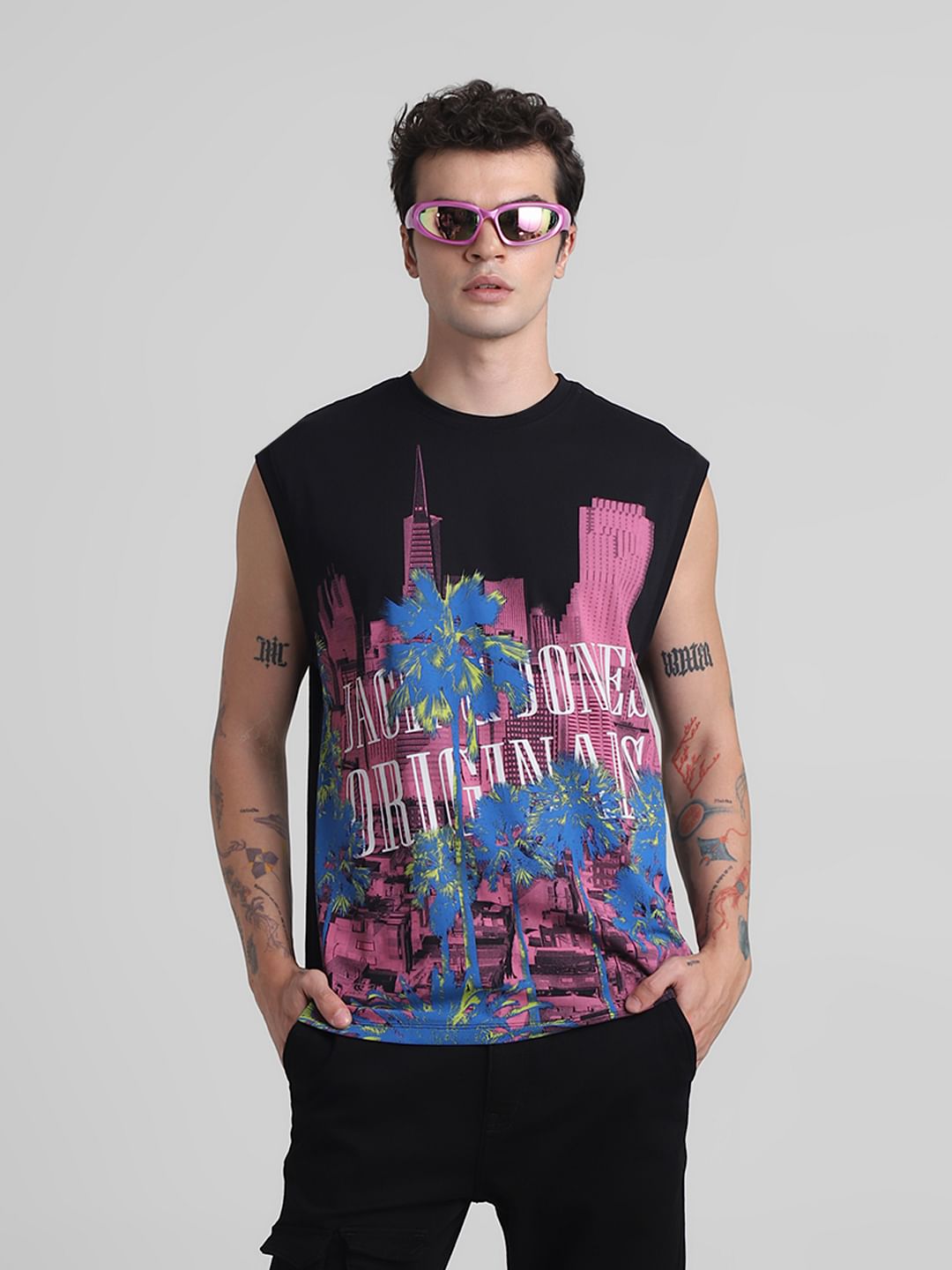 Black Tropical Print Sleeveless T-shirt - S