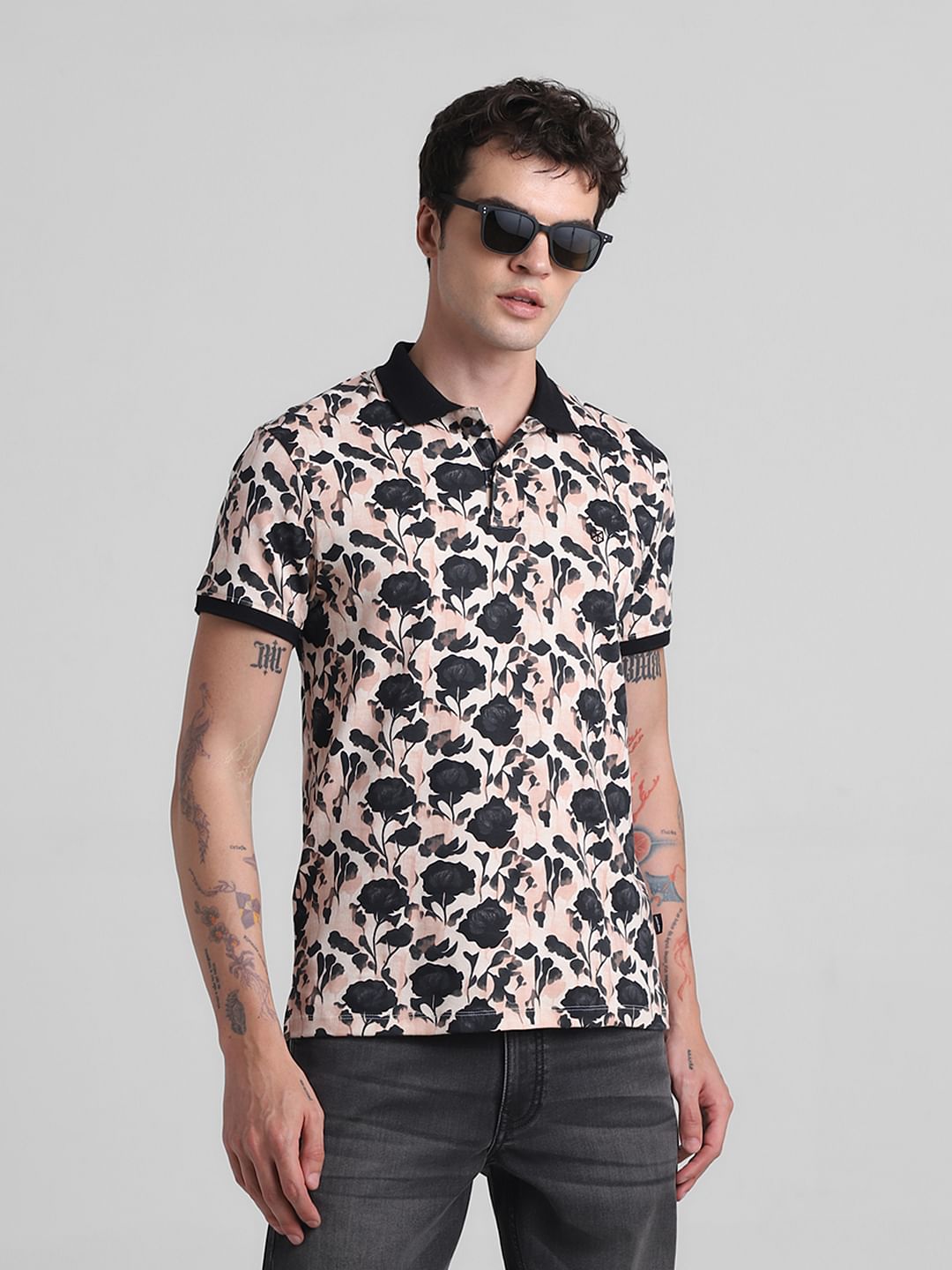 Pink & Black Floral Polo T-shirt