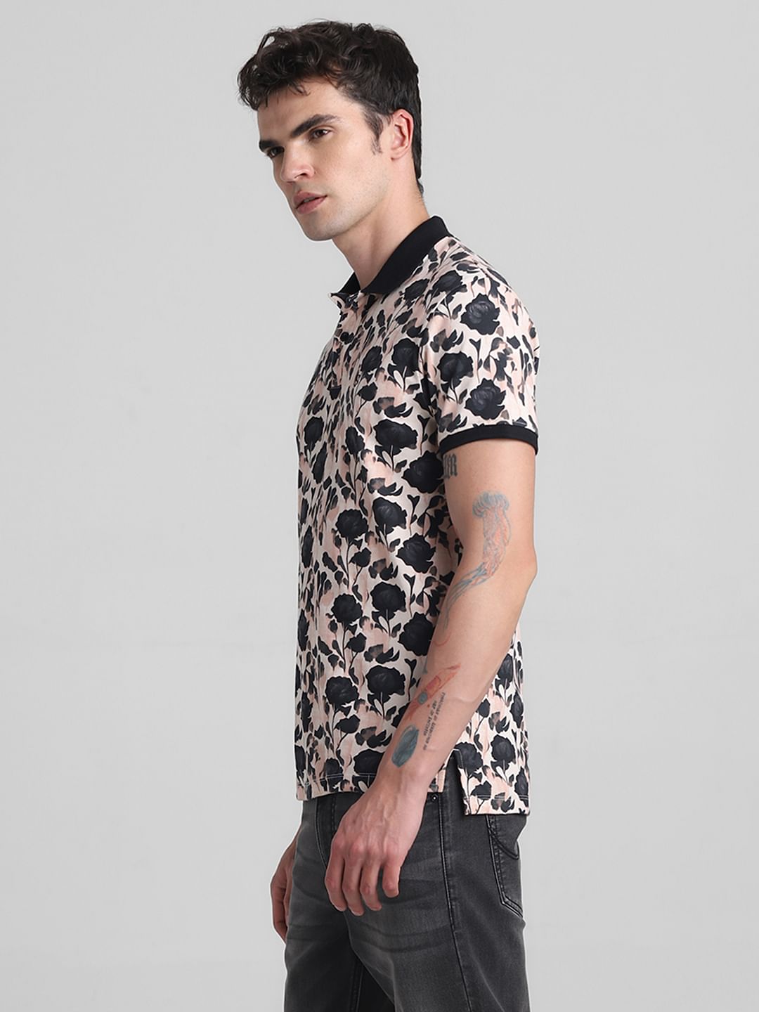 Pink & Black Floral Polo T-shirt