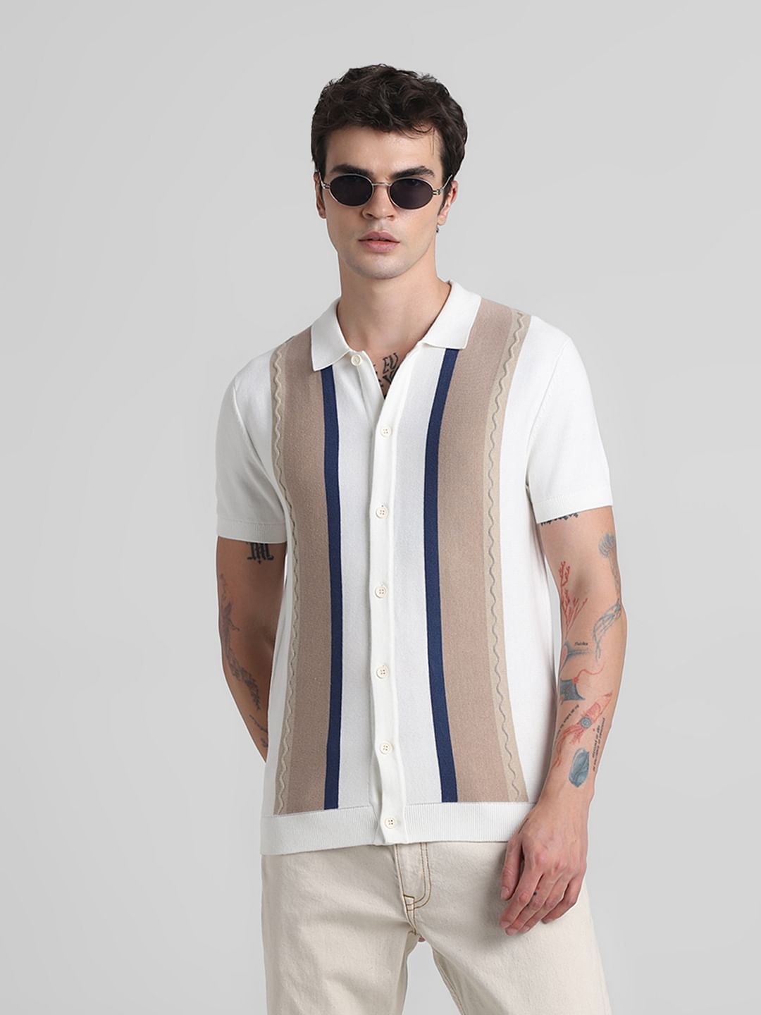 White Front Open Knitted Polo - S