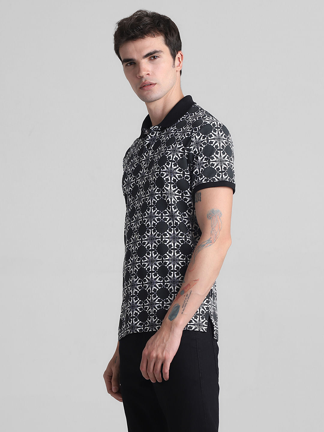 Black Abstract Print Polo T-shirt