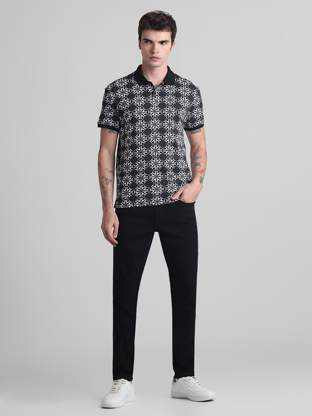 Black Abstract Print Polo T-shirt