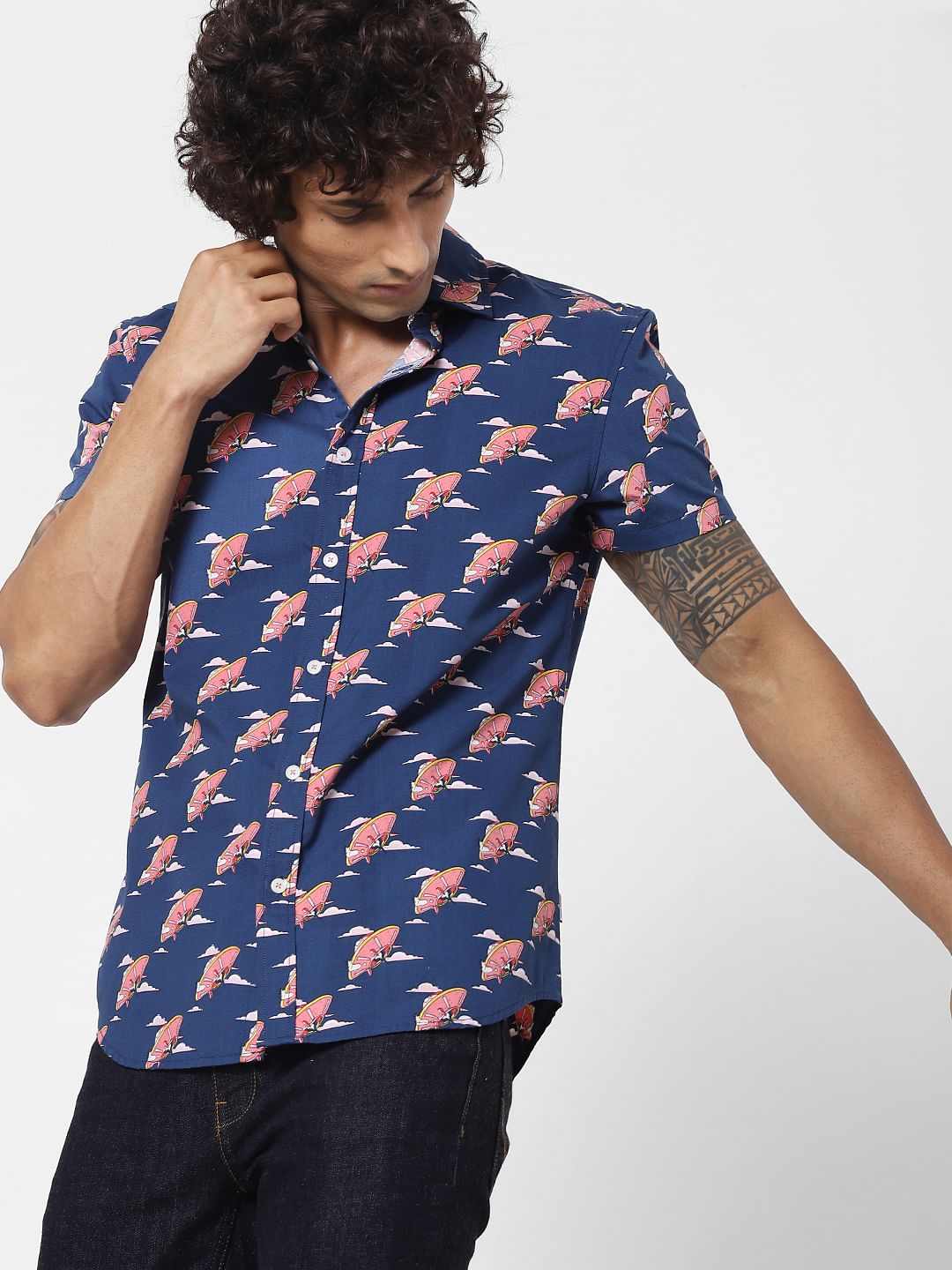 Blue UFO Print Half Sleeves Shirt