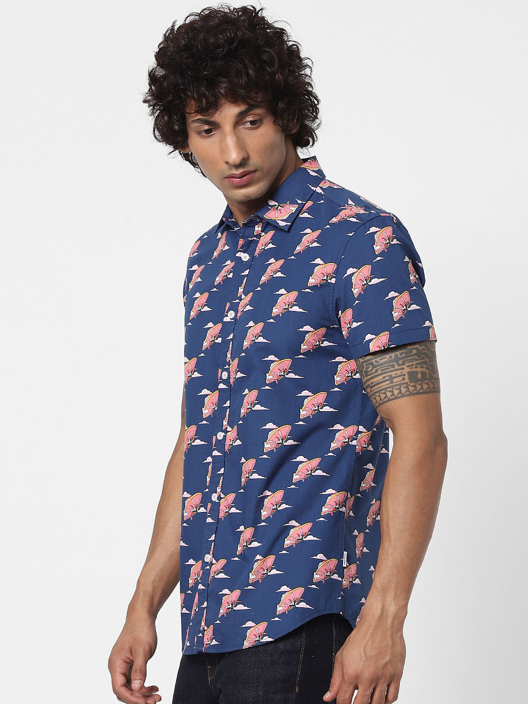 Blue UFO Print Half Sleeves Shirt