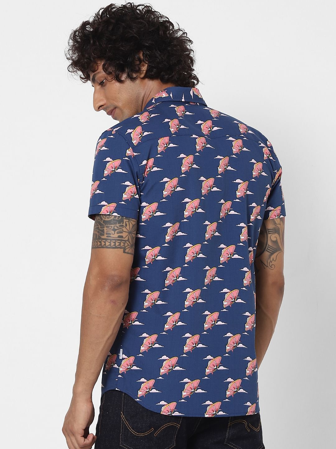 Blue UFO Print Half Sleeves Shirt