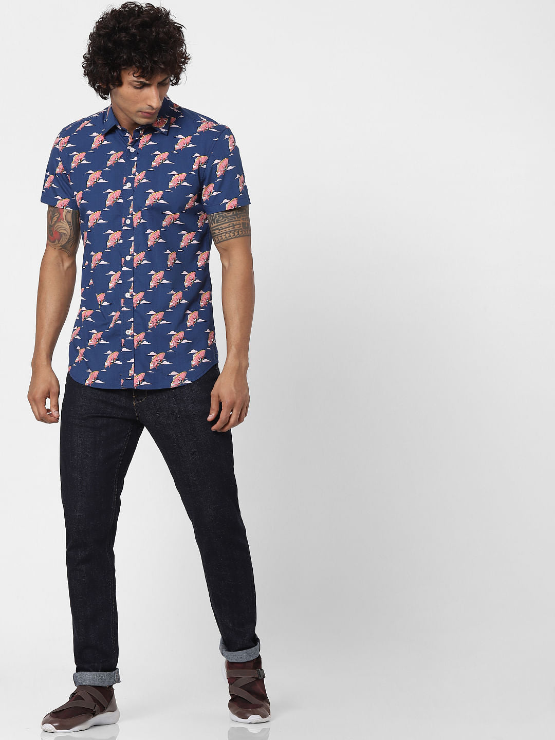 Blue UFO Print Half Sleeves Shirt