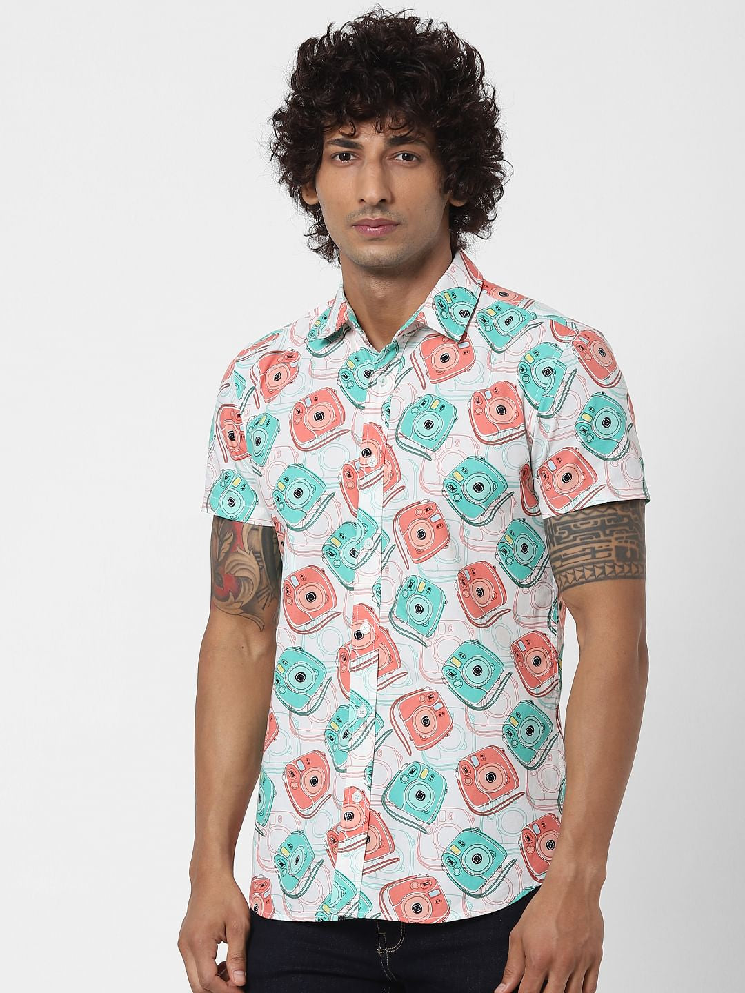 White Polaroid Print Half Sleeves Shirt - S
