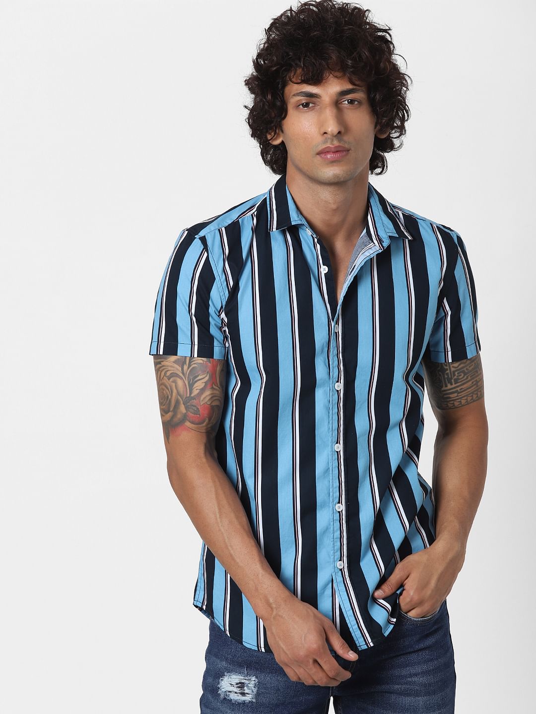 Blue Striped Half Sleeves Shirt