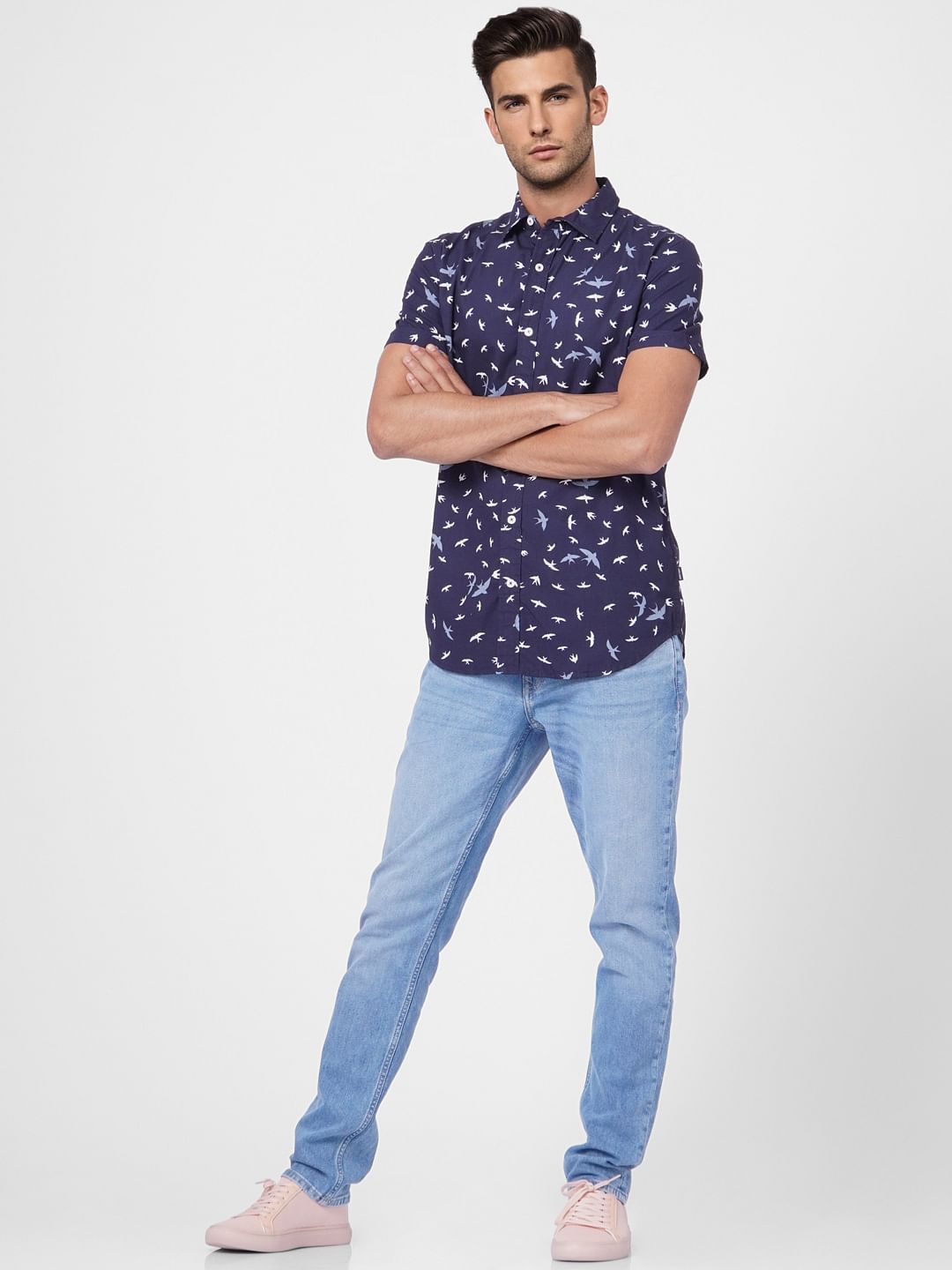 Blue Printed Half Sleeves Shirt