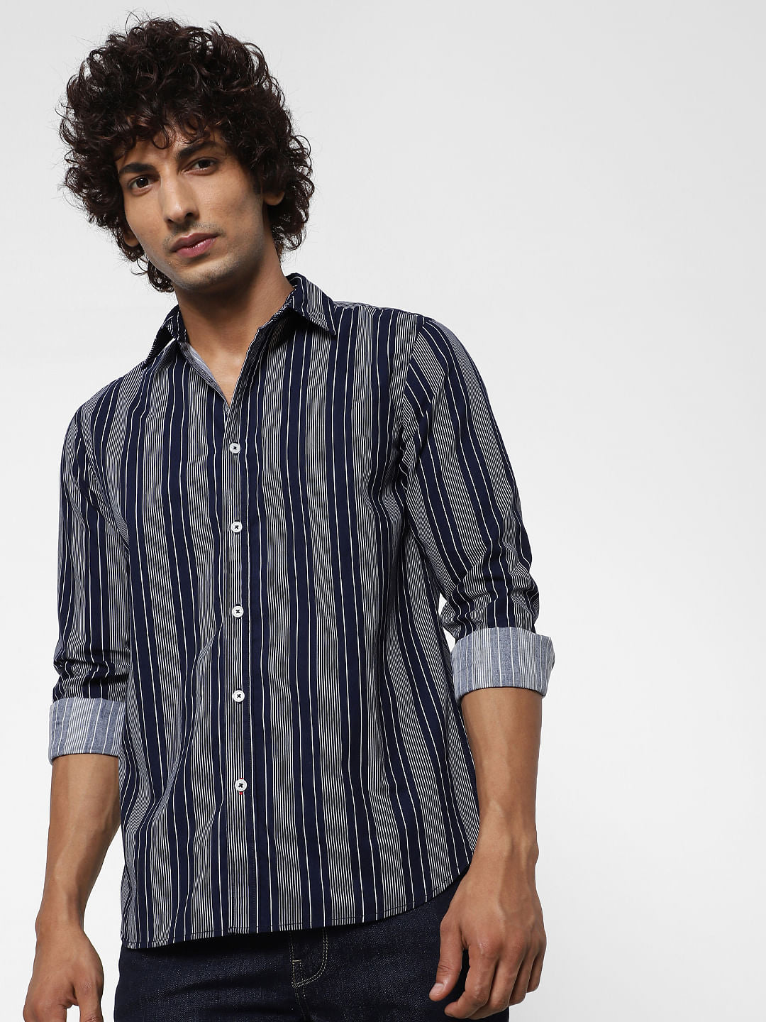Blue Striped Full Sleeves Shirt - S