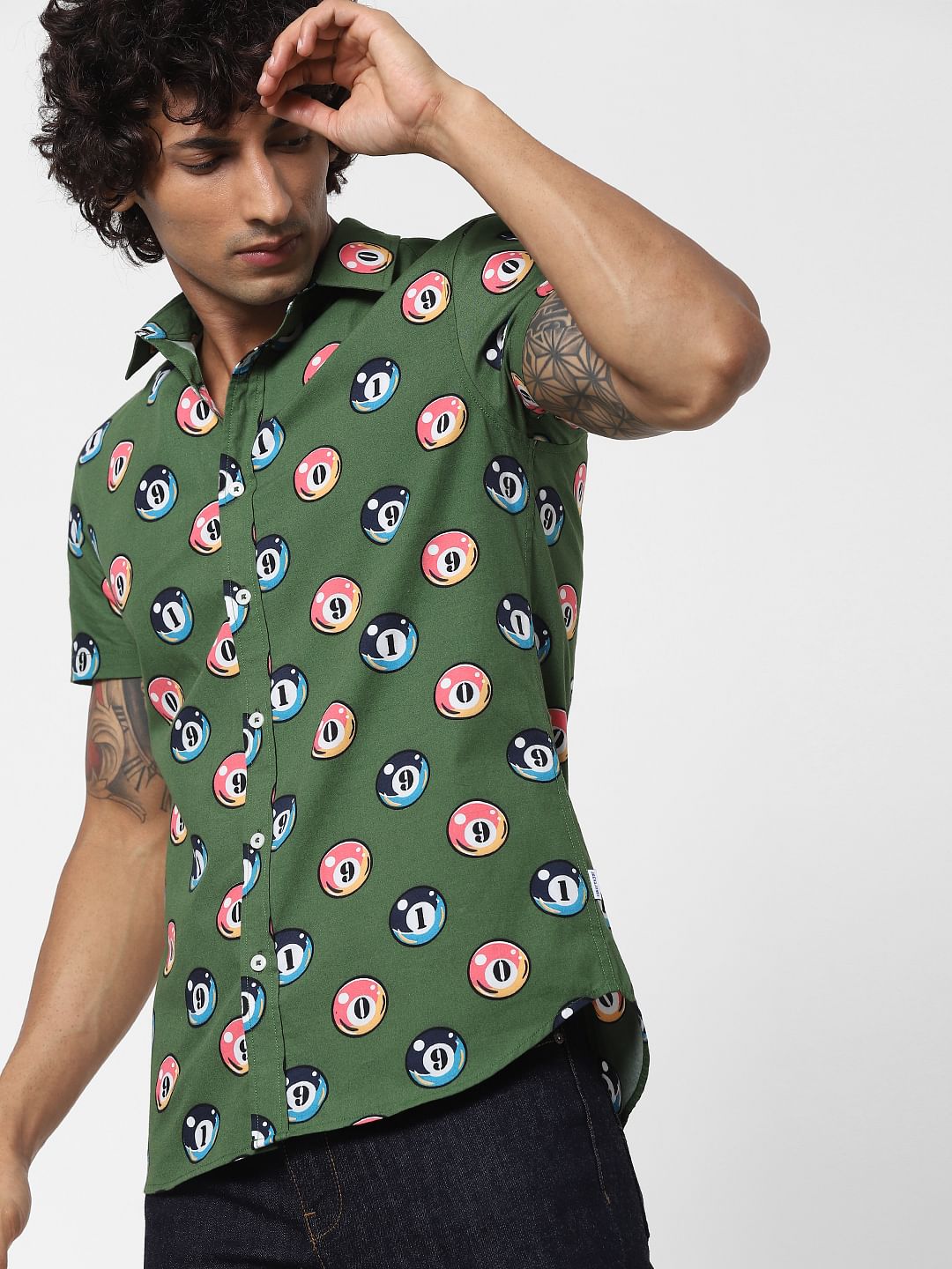 Green Billiards Print Half Sleeves Shirt - S
