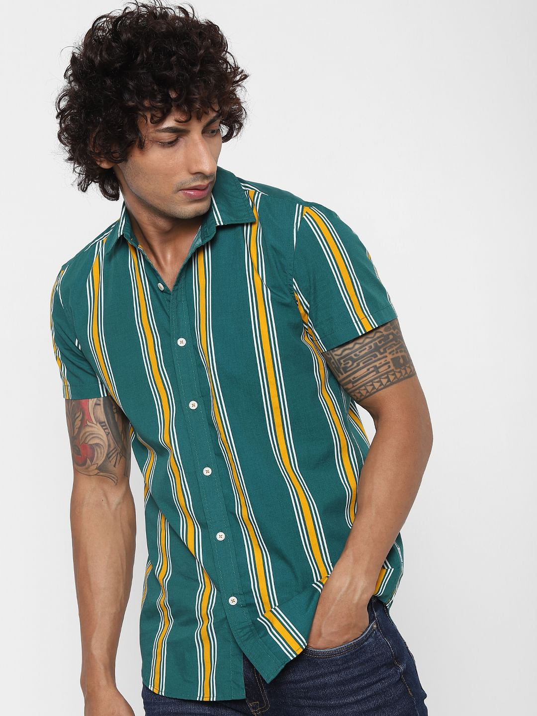 Green Striped Half Sleeves Shirt - S