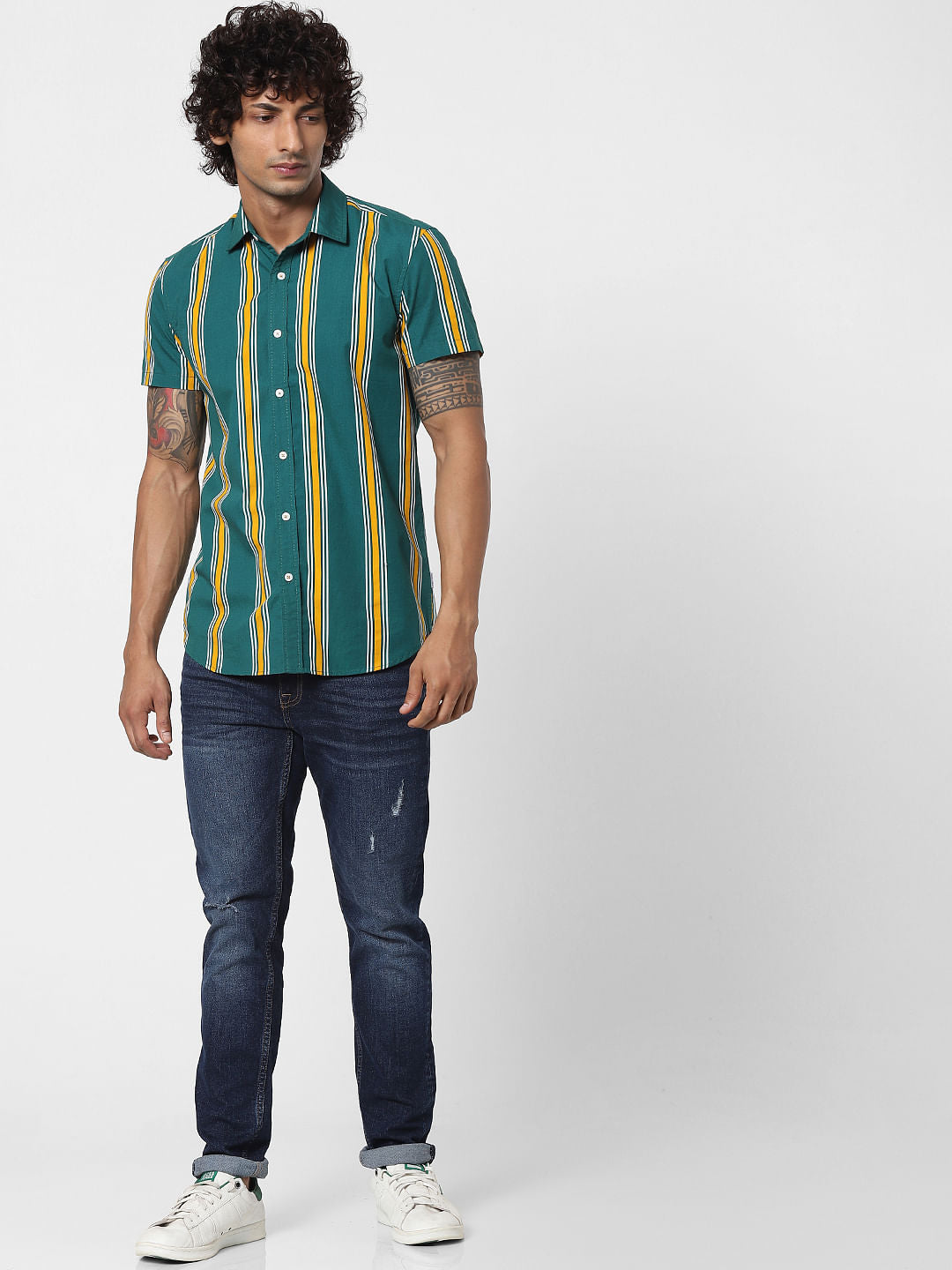 Green Striped Half Sleeves Shirt